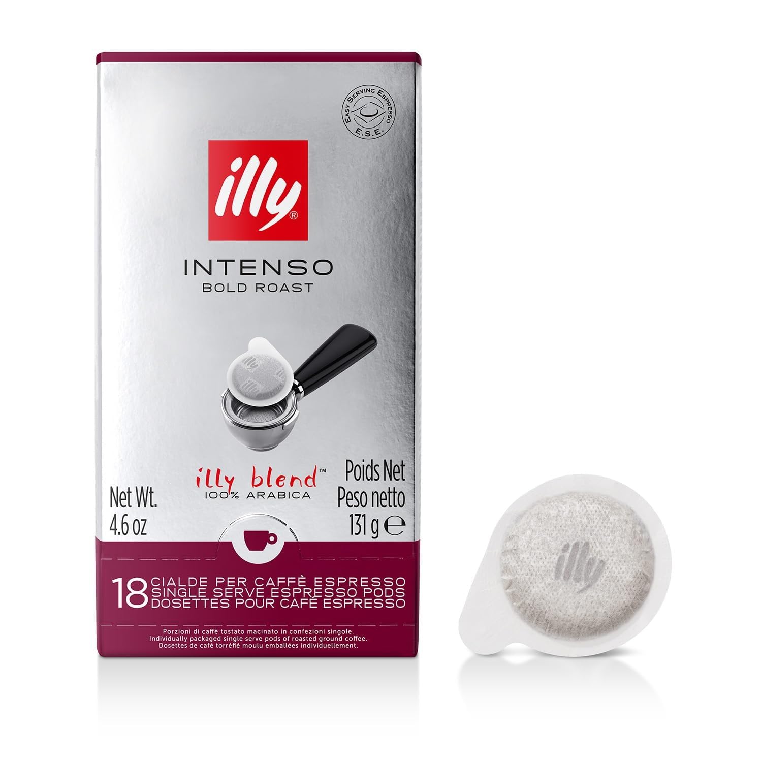 illy empaque frontal Intenso mostrando 18 cápsulas y ventaja de aroma