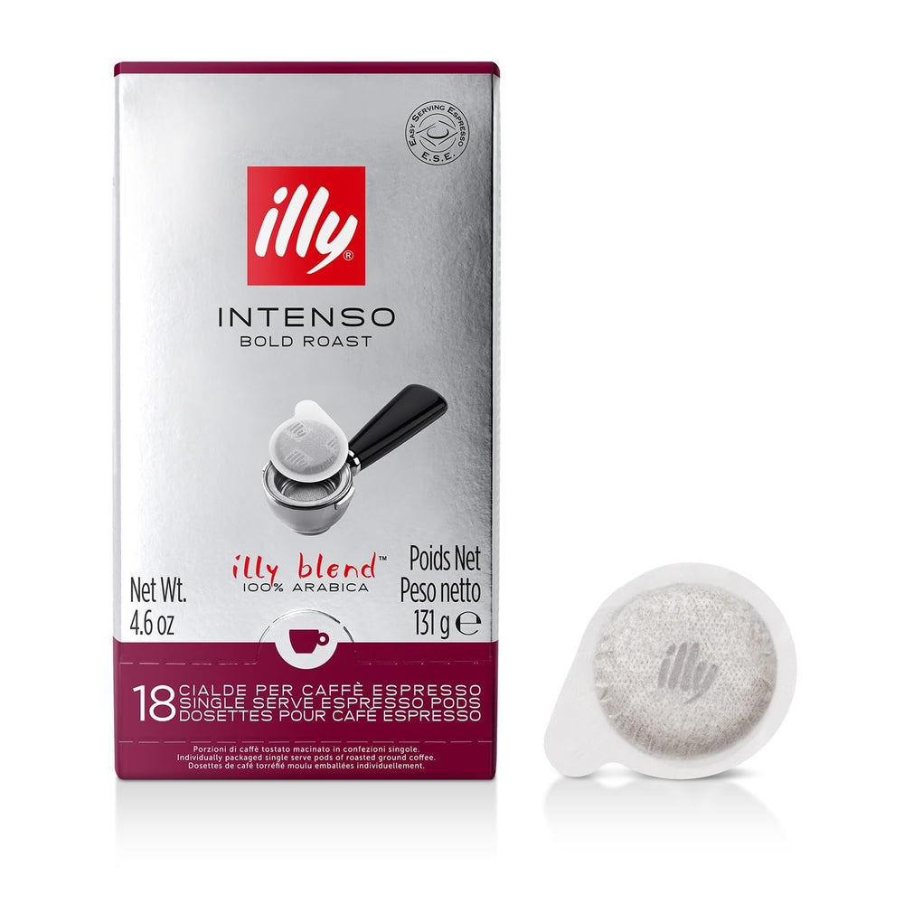 illy empaque frontal Intenso mostrando 18 cápsulas y ventaja de aroma