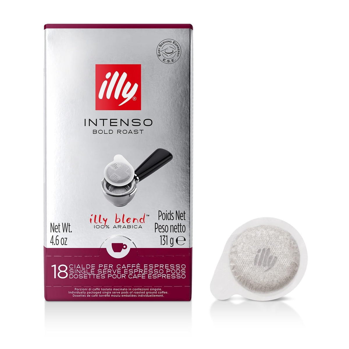 illy empaque frontal Intenso mostrando 18 cápsulas y ventaja de aroma
