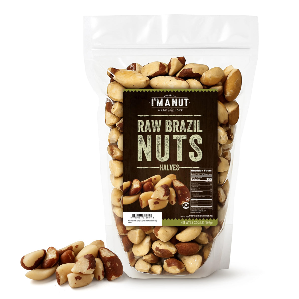 I'm A Nut bolsa frontal mostrando nueces de Brasil, beneficios nutricionales visibles