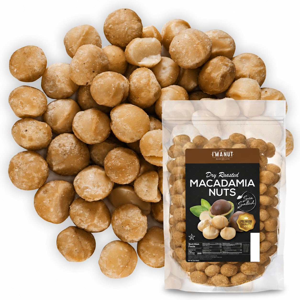 I'm A Nut empaque frontal de macadamias tostadas con sal para identificación rápida