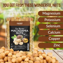I'm A Nut primer plano textural de macadamias tostadas, muestra crujiente y cremosa