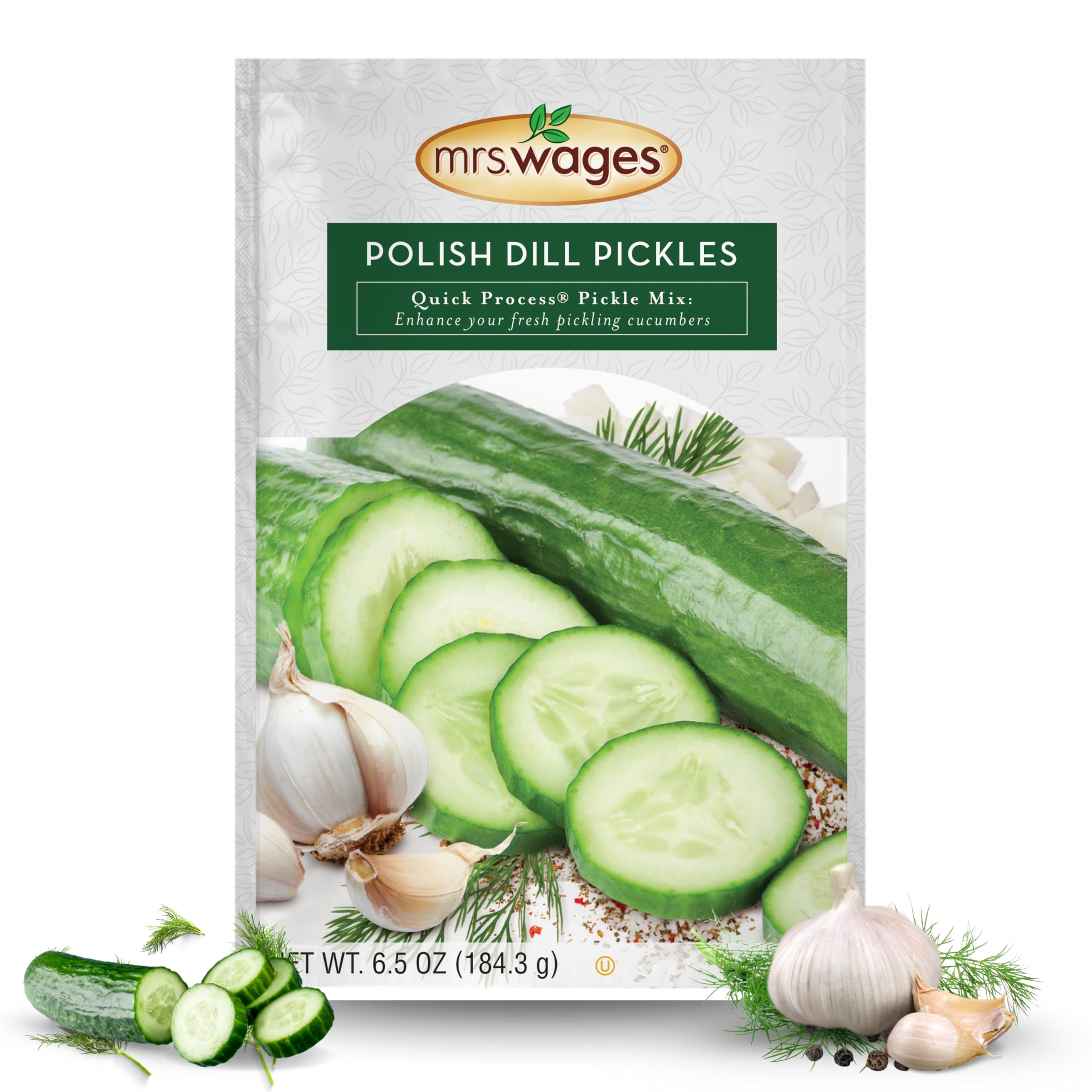 Frente del sobre Mrs. Wages Polish Dill Pickles con pepinillos y ajo