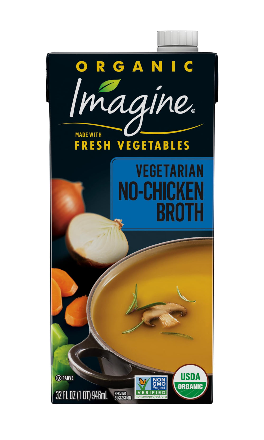 Imagine envase frontal del caldo No-Chicken mostrando diseño y tamaño práctico