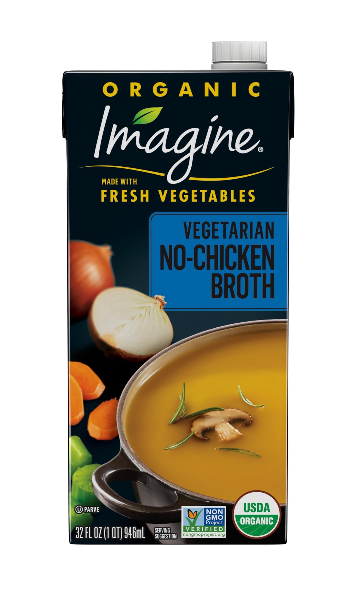 Imagine envase frontal del caldo No-Chicken mostrando diseño y tamaño práctico