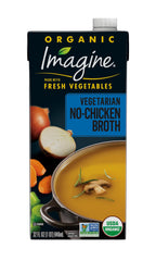 Imagine envase frontal del caldo No-Chicken mostrando diseño y tamaño práctico