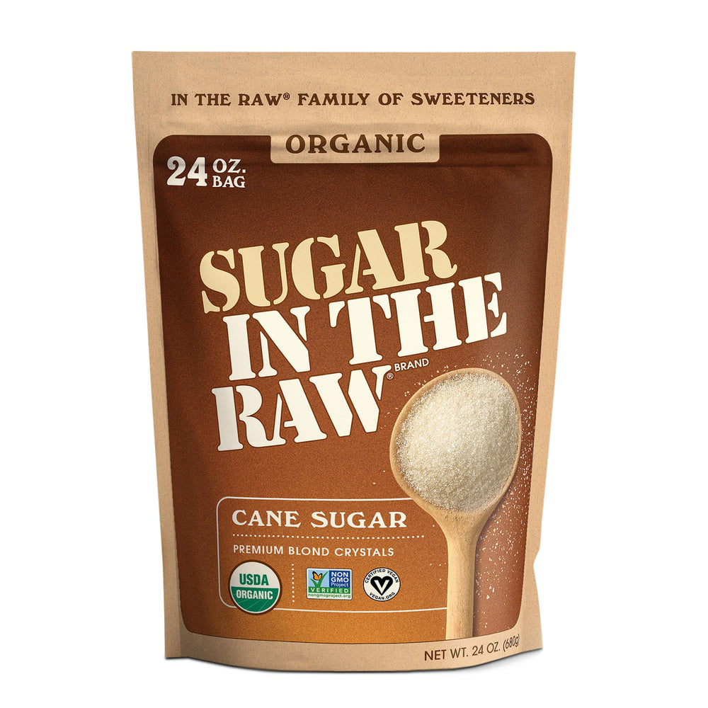 IN THE RAW bolsa frente 24 oz mostrando el empaque y origen sostenible