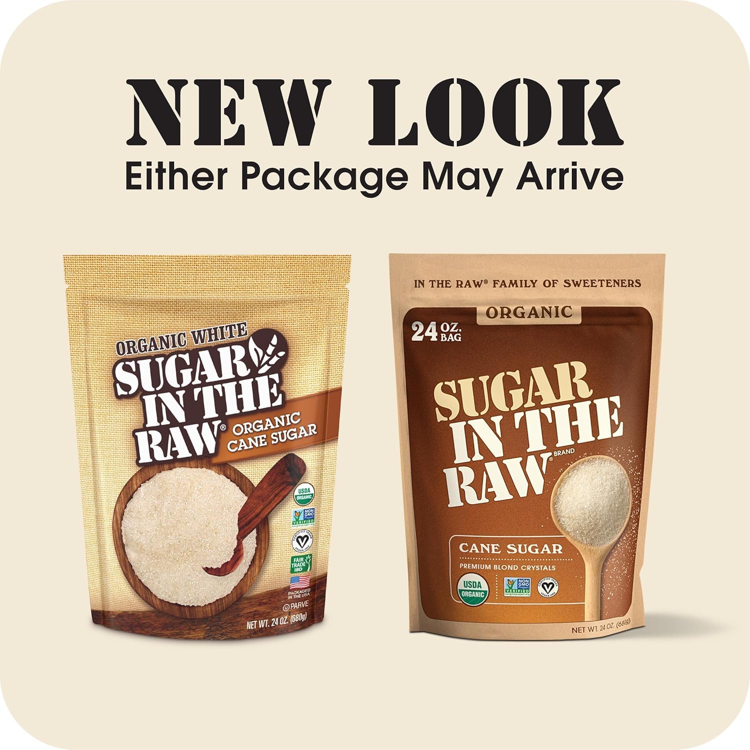 IN THE RAW etiqueta con sellos USDA Organic y Fair Trade para confianza