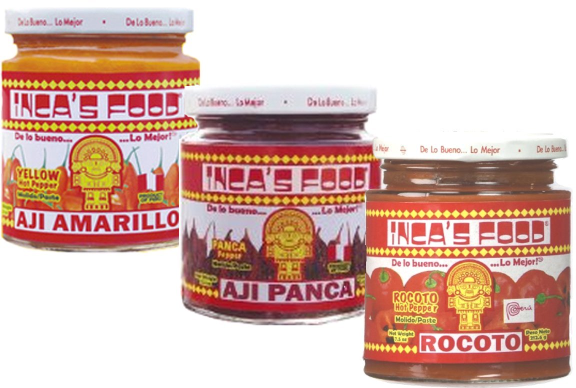 Inca's Food tres frascos frente mostrando etiquetas y variedad de ajíes para cocinar