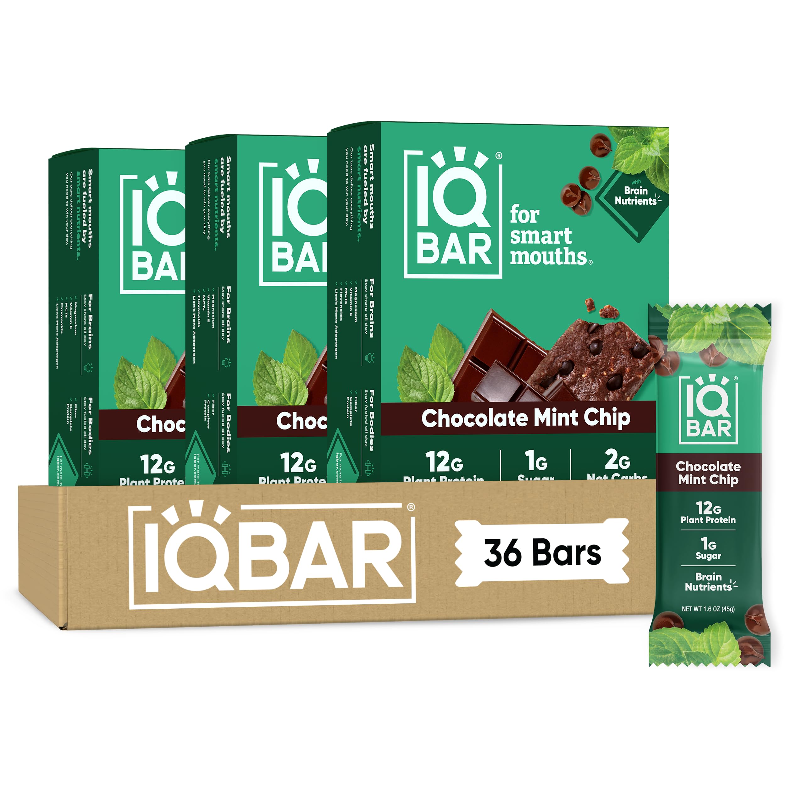 IQBAR frontal del paquete Chocolate Mint Chip mostrando diseño y conveniencia