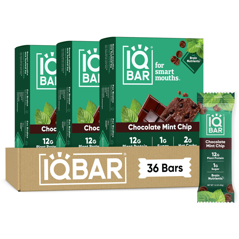 IQBAR frontal del paquete Chocolate Mint Chip mostrando diseño y conveniencia