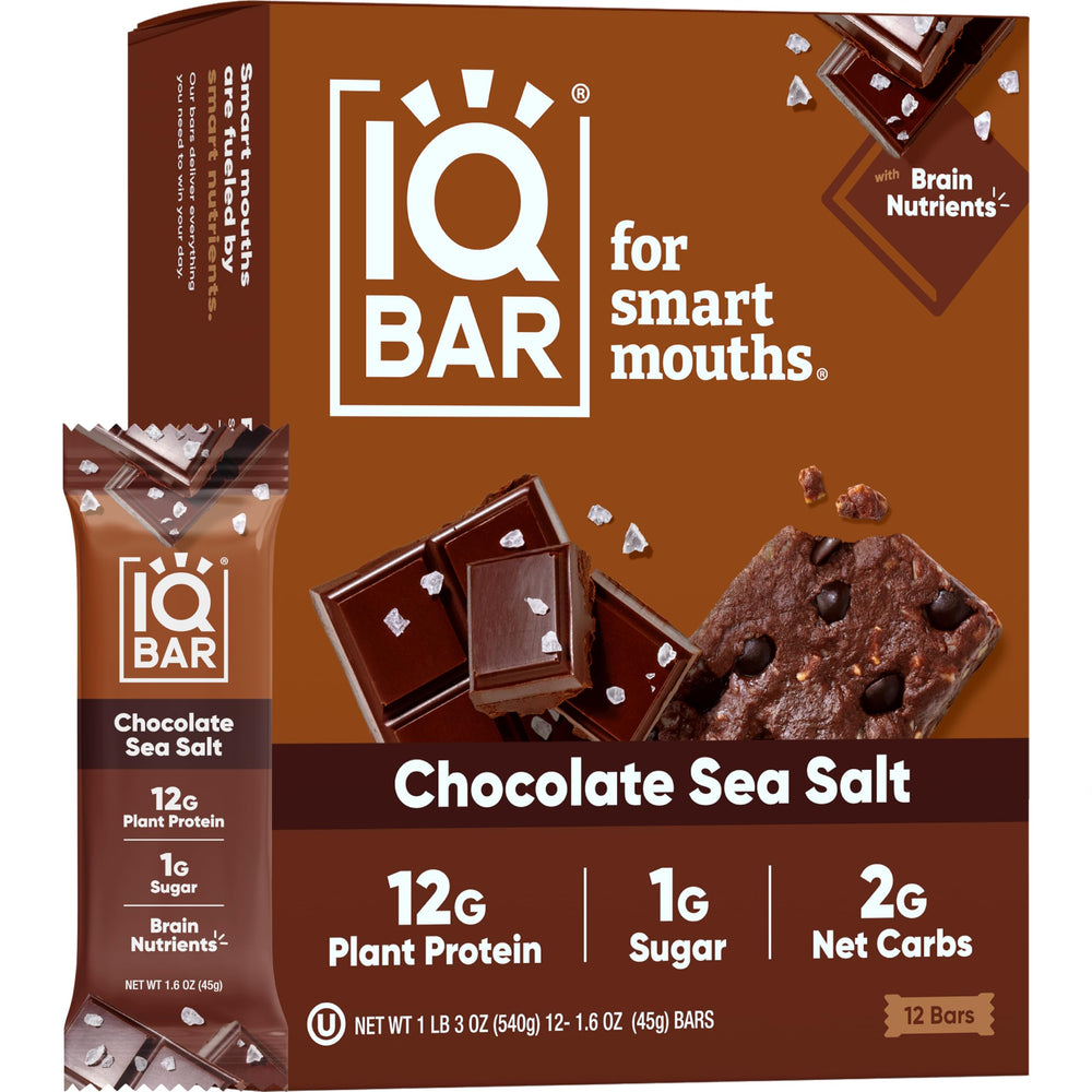 IQBAR Chocolate Sea Salt frente del empaque mostrando caja de 12 unidades y conveniencia