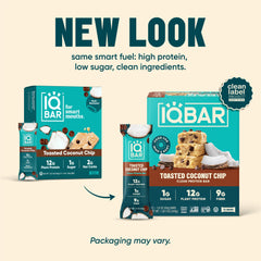 IQBAR primer plano de textura de la barra con chips de coco y beneficio de saciedad