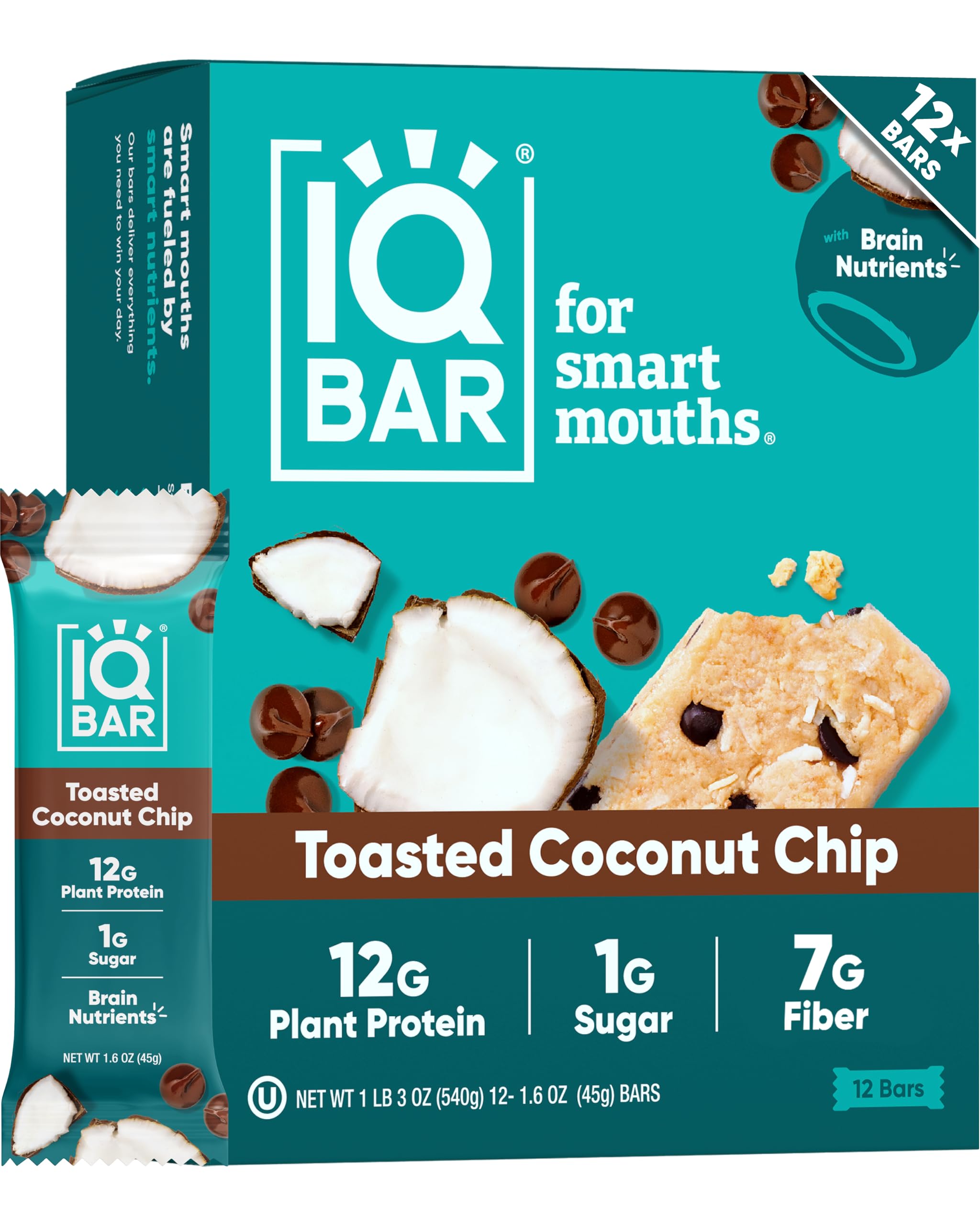 IQBAR empaque frontal Toasted Coconut Chip mostrando sabor y certificación clean label