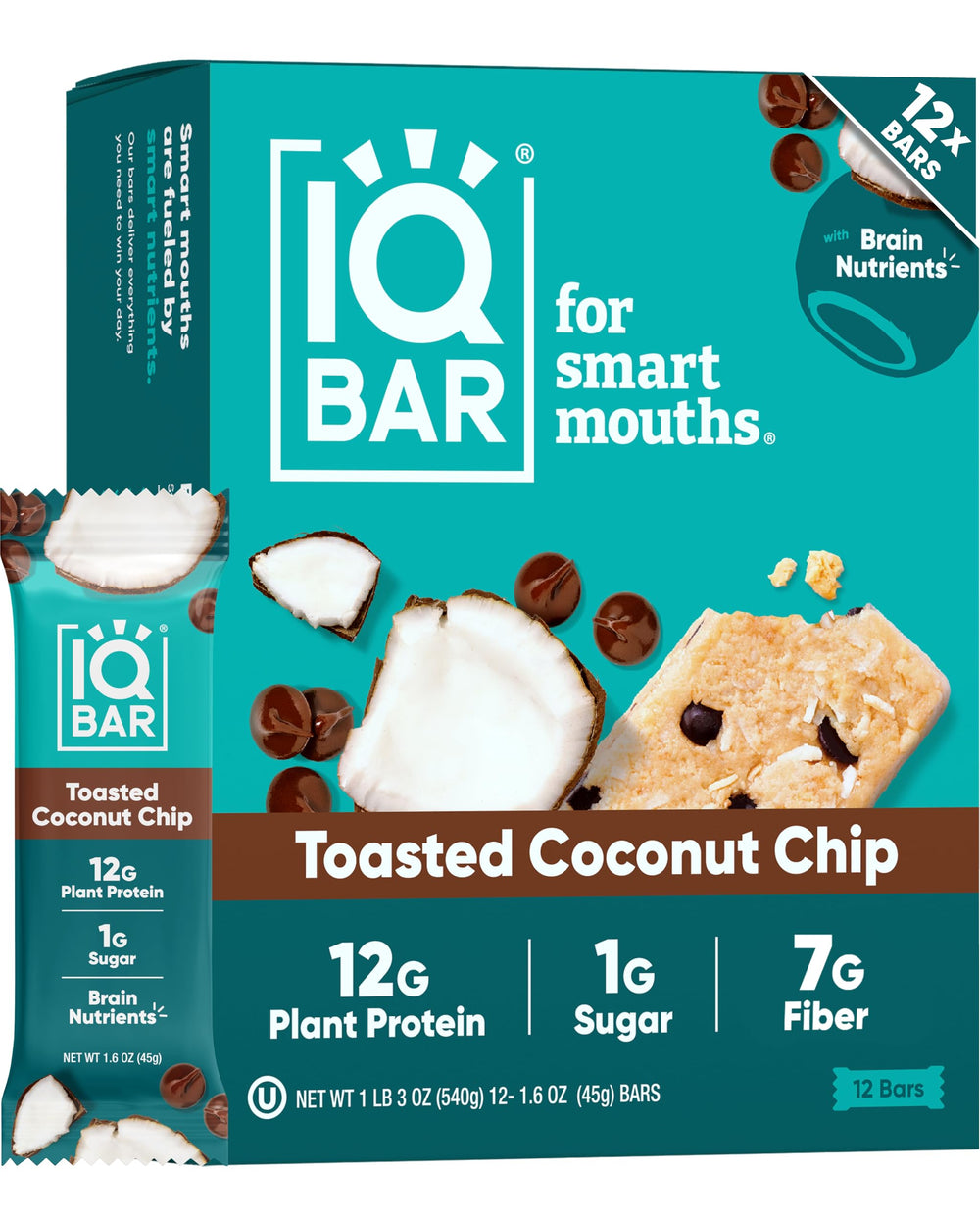 IQBAR empaque frontal Toasted Coconut Chip mostrando sabor y certificación clean label