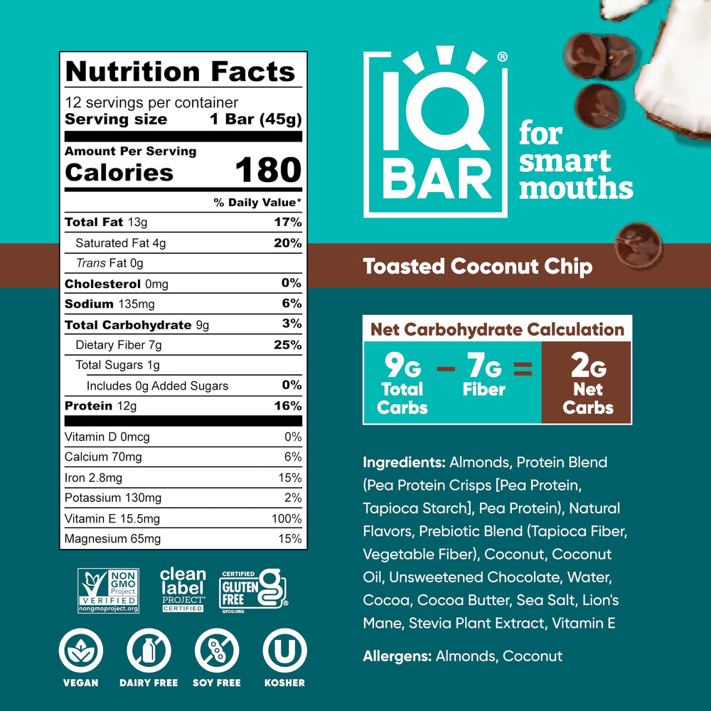 IQBAR etiqueta nutricional legible con macros bajos en azúcares y alto en fibra