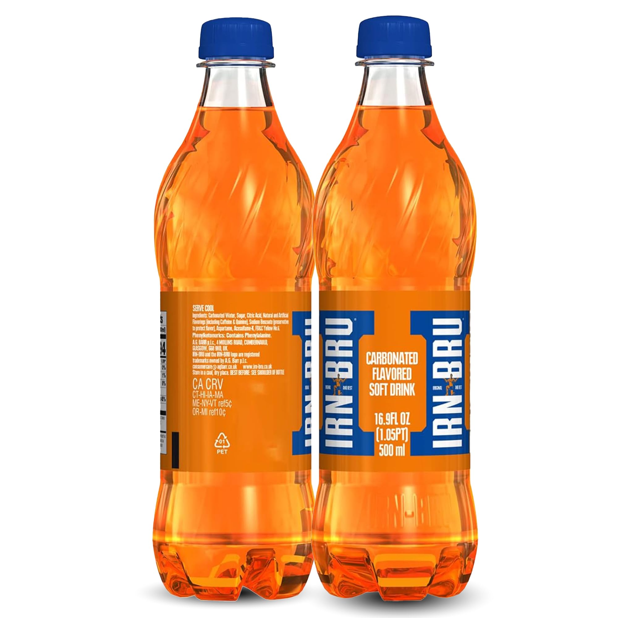 IRN-BRU primer plano de botella y textura para apreciar color y efervescencia