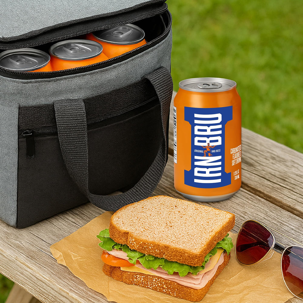 IRN-BRU lata en mano mostrando tamaño práctico y portabilidad