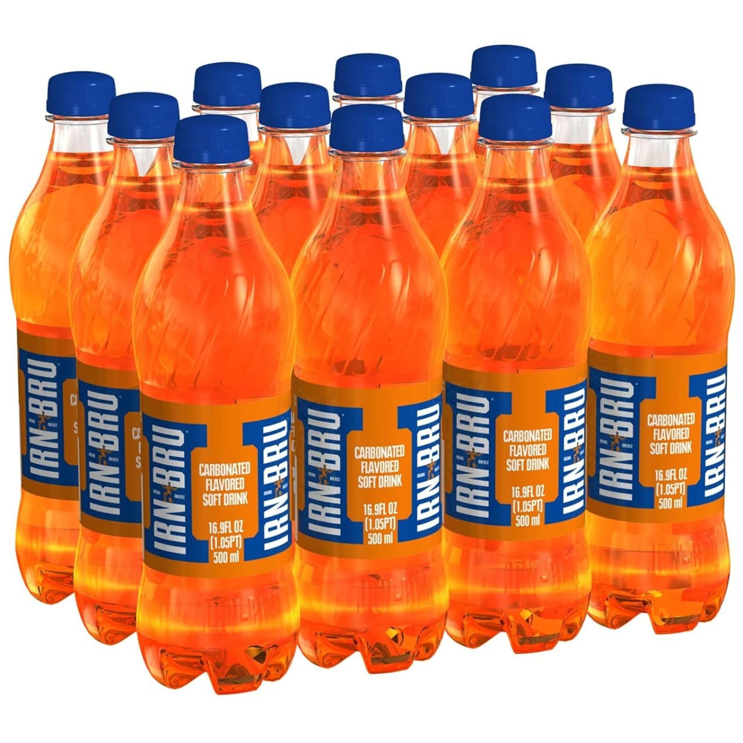 IRN-BRU pack frontal mostrando las 12 botellas y facilitando almacenamiento