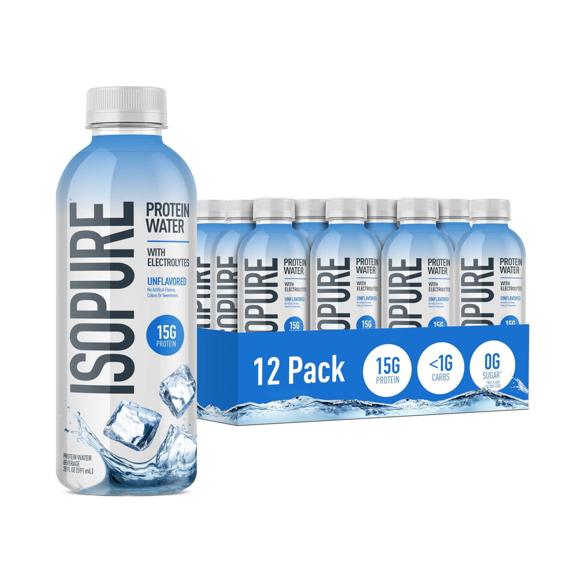 Isopure botella frontal mostrando etiqueta clara y beneficios