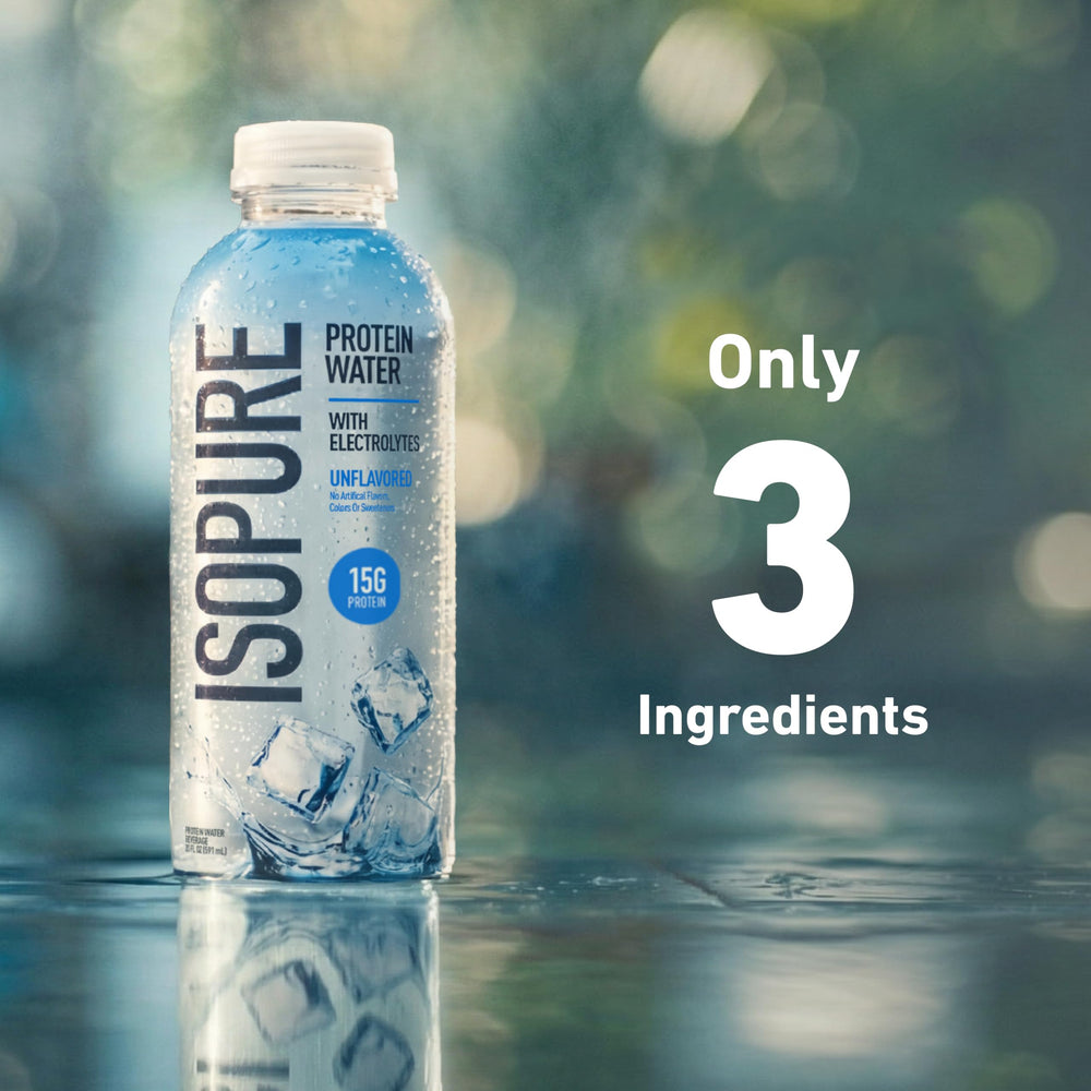 Isopure líquido transparente destacando textura ligera y refrescante