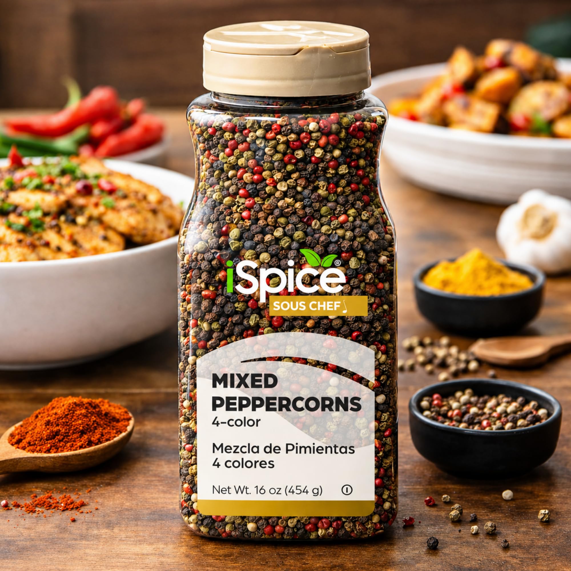iSpice frasco mostrado en mano para comparar tamaño y uso en cocinas caseras