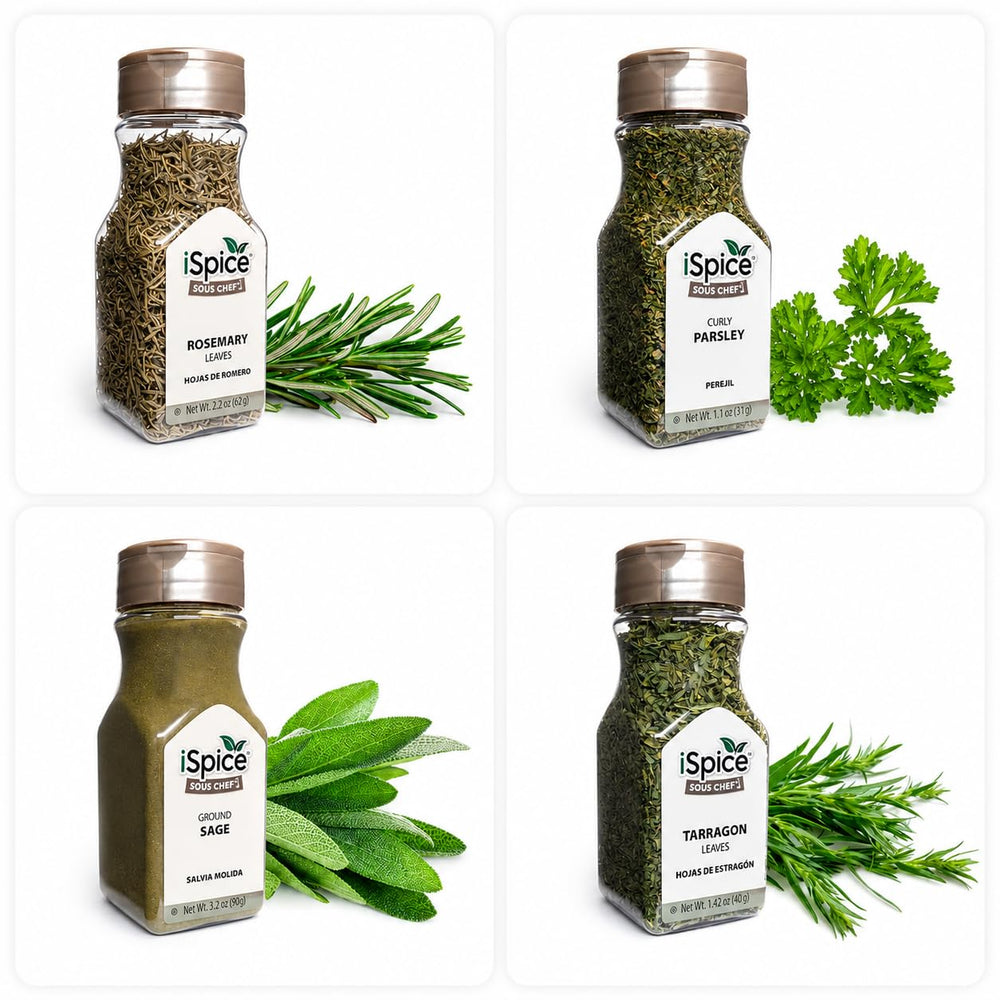 iSpice selección de polvos y hierbas demostrando variedad de sabores