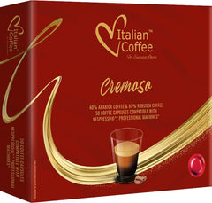 Italian Coffee cápsulas Cremoso frontal con paquete visible, conveniencia y sabor consistente