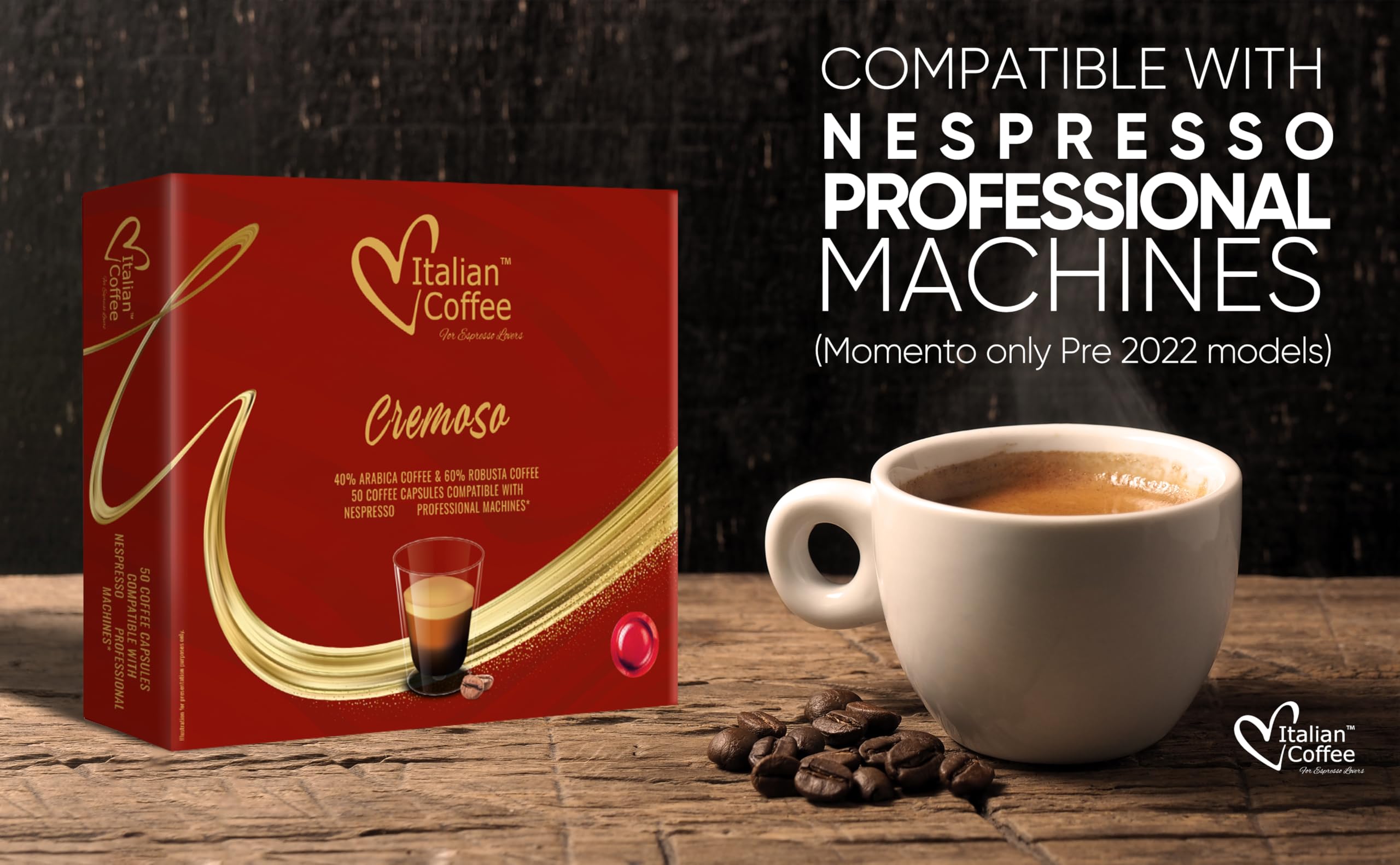 Italian Coffee cápsulas junto a una taza para comparar tamaño, conveniencia por dosis