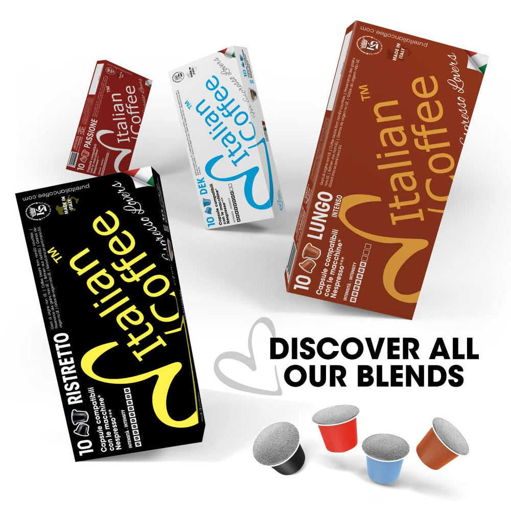 Italian Coffee Pods caja abierta con cápsulas, fácil almacenamiento por 100 unidades