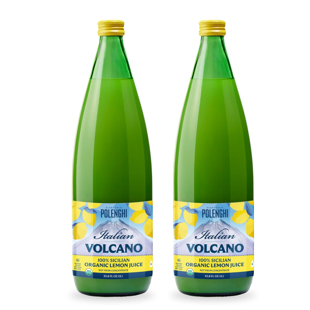 Italian Volcano botella frontal mostrando el zumo y ventaja de práctico