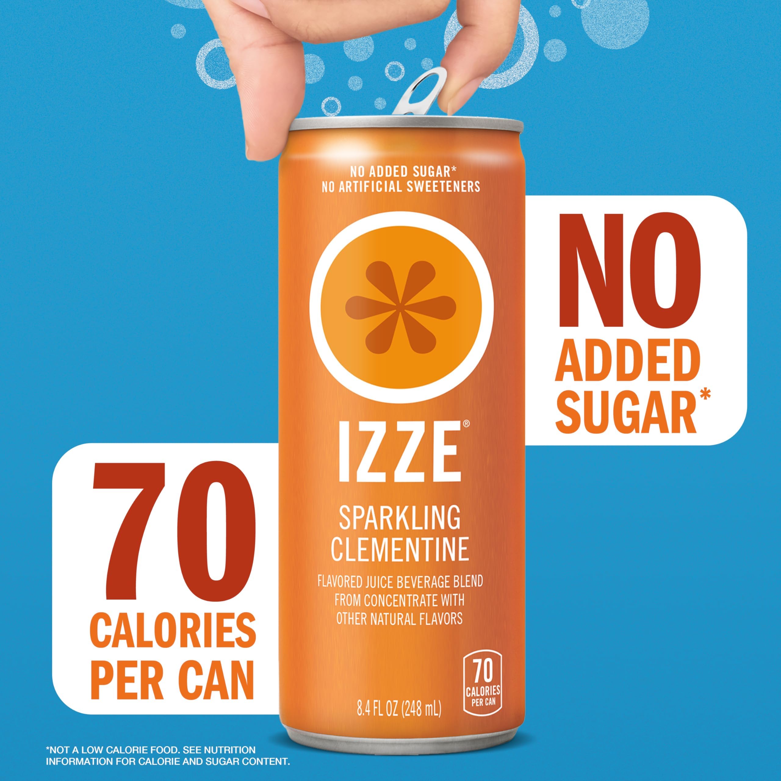 IZZE lata en mano para escala, tamaño práctico y porción controlada