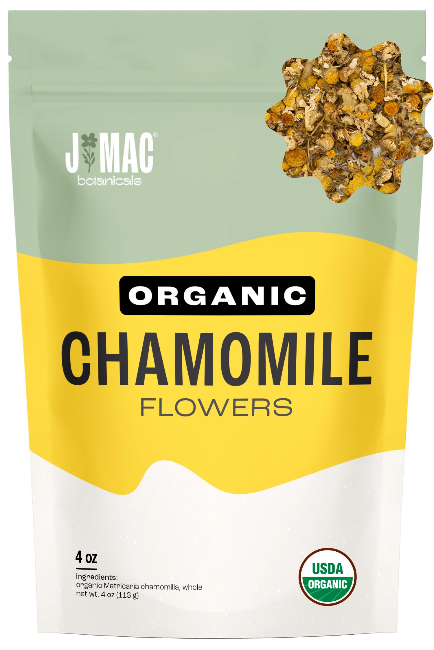 J MAC BOTANICALS empaque frontal mostrando bolsa y marca, transmite confianza