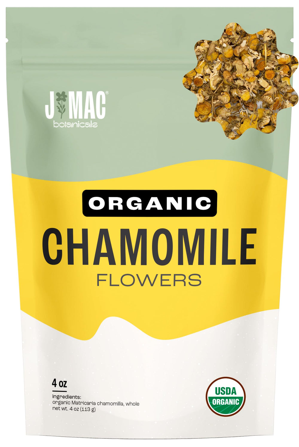 J MAC BOTANICALS empaque frontal mostrando bolsa y marca, transmite confianza