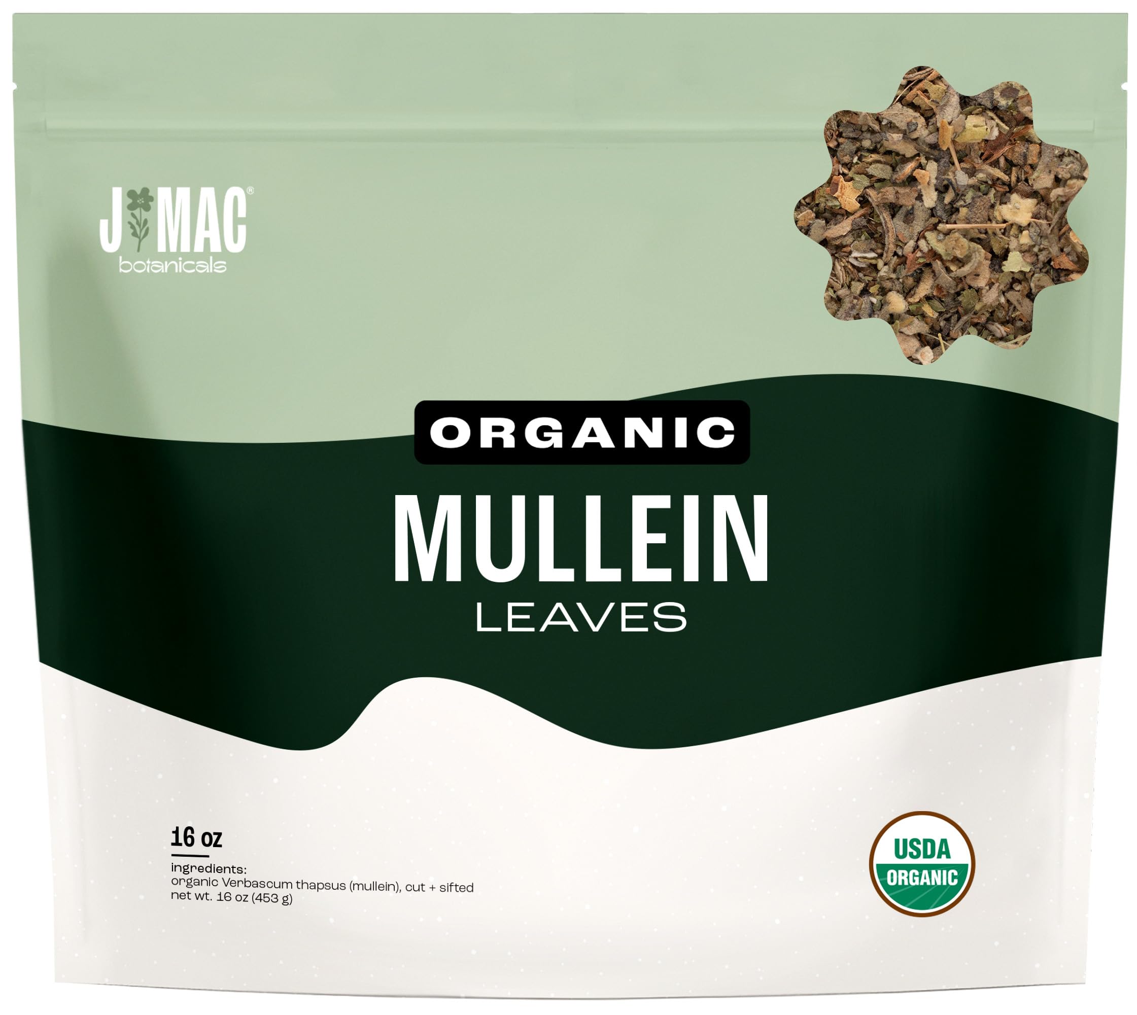 J MAC BOTANICALS paquete frontal mostrando 16 oz y sello orgánico