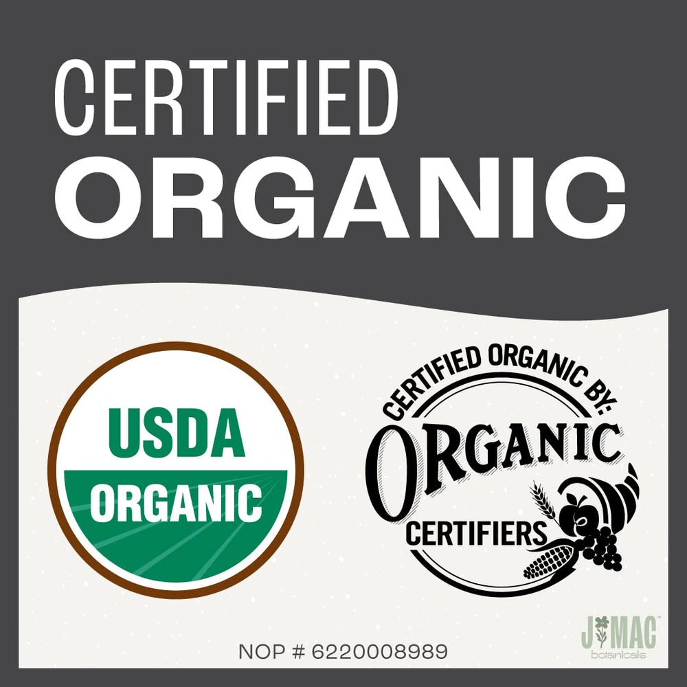 J MAC BOTANICALS etiqueta certificación orgánica indica confianza