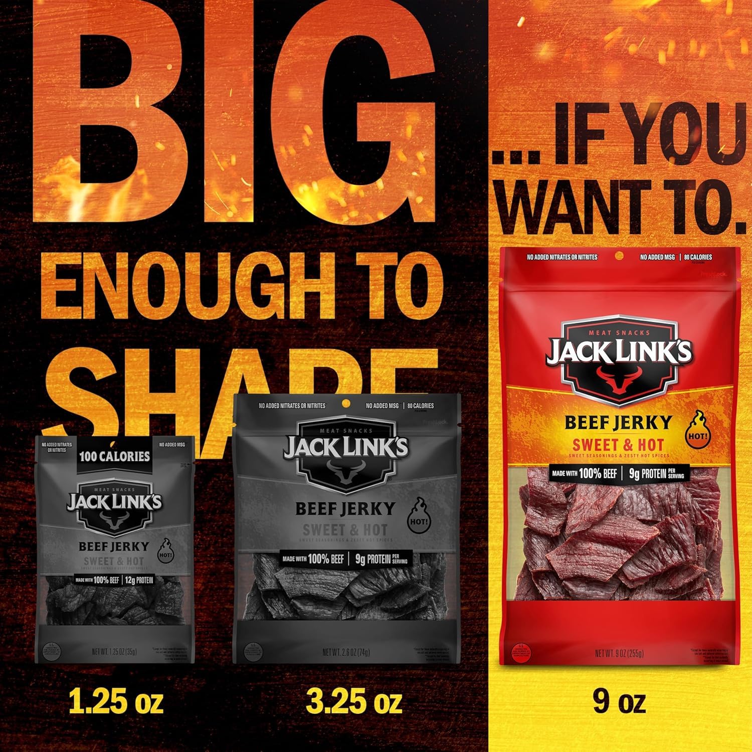 Jack Link's bolsas resellables abiertas demostrando conservación fácil