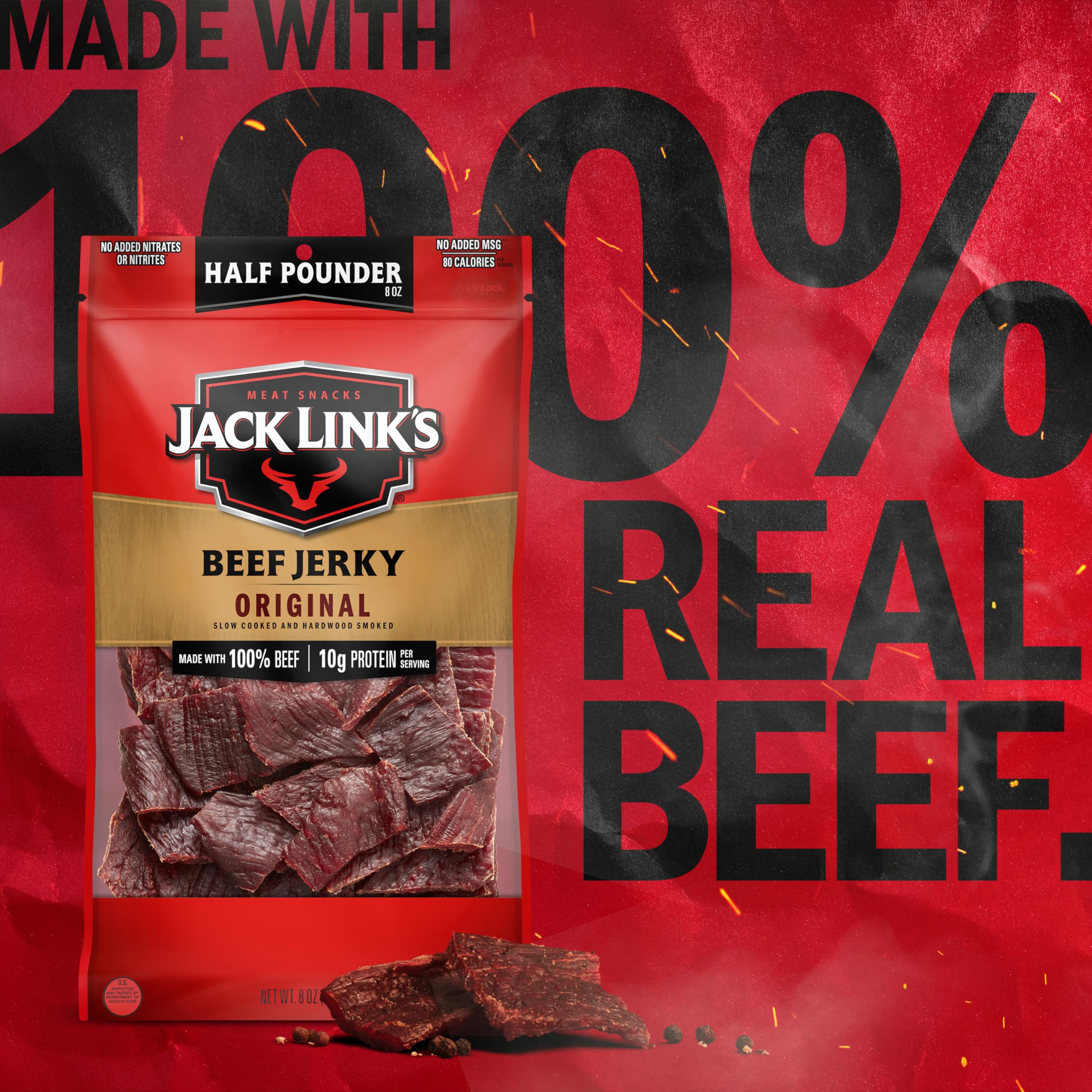 Jack Link's comparación de tamaño en mano mostrando porción Half Pounder