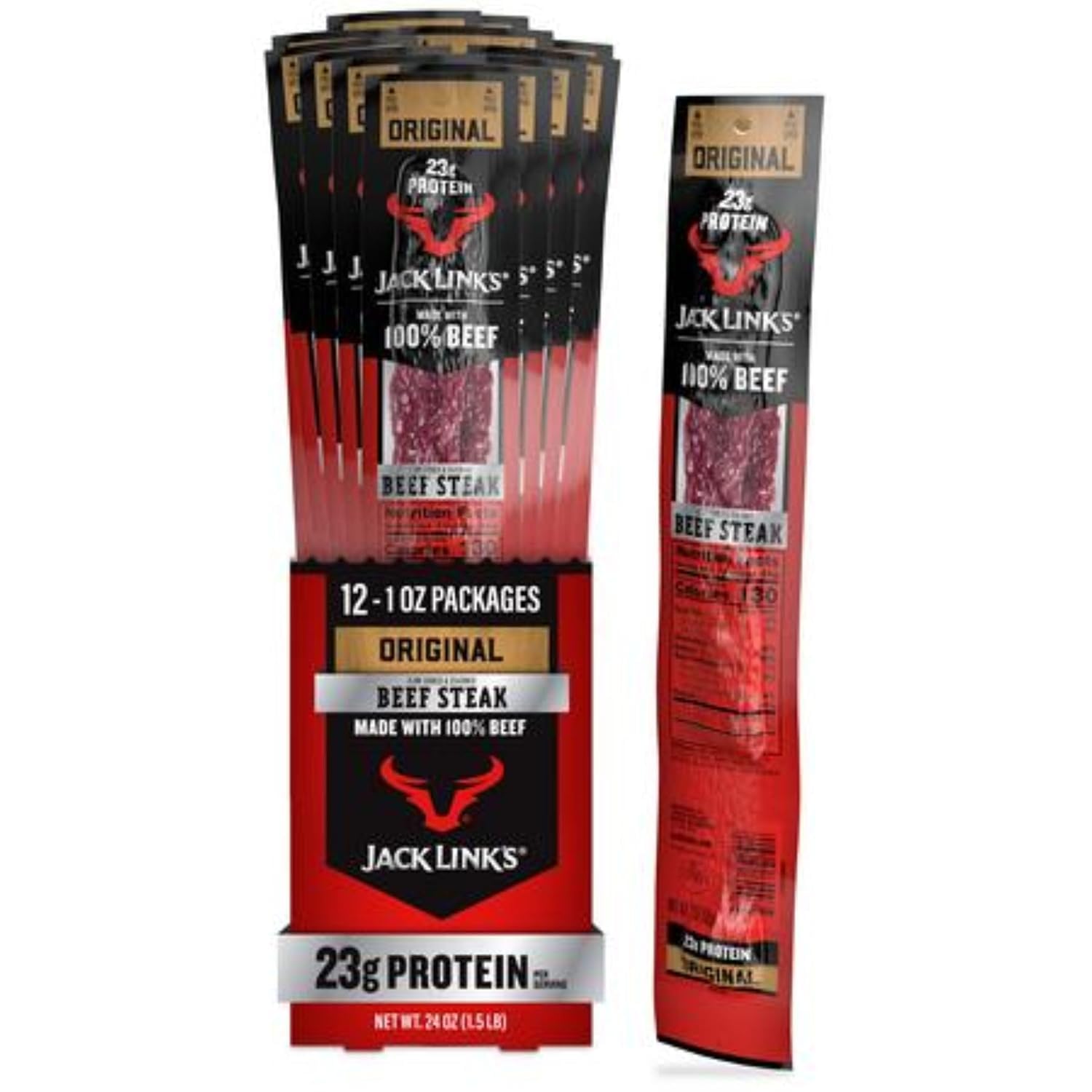 Jack Link's frente del paquete Beef Steak Original mostrando porción y marca