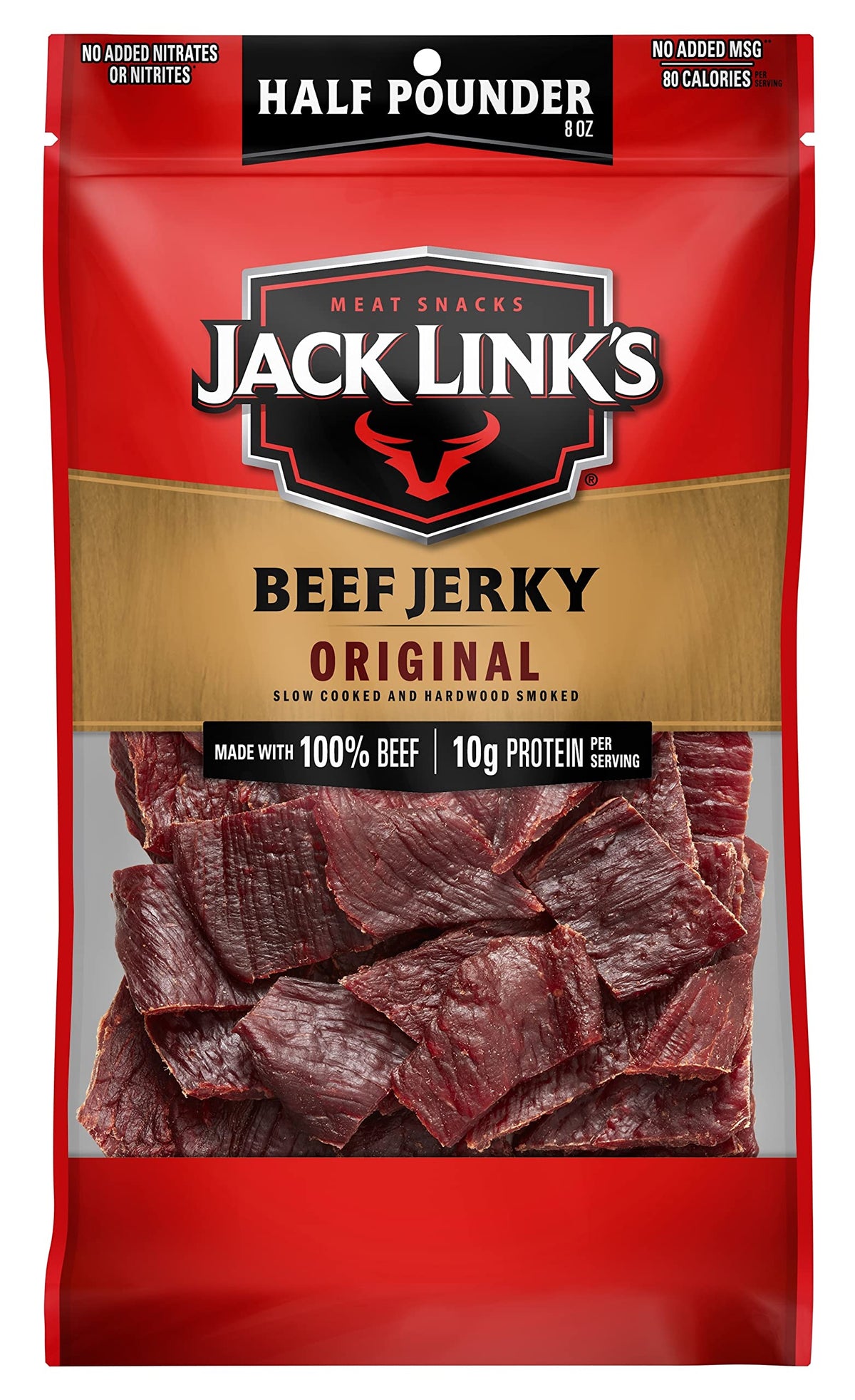 Jack Link's frontal del empaque mostrando la bolsa de 8 oz y conveniencia
