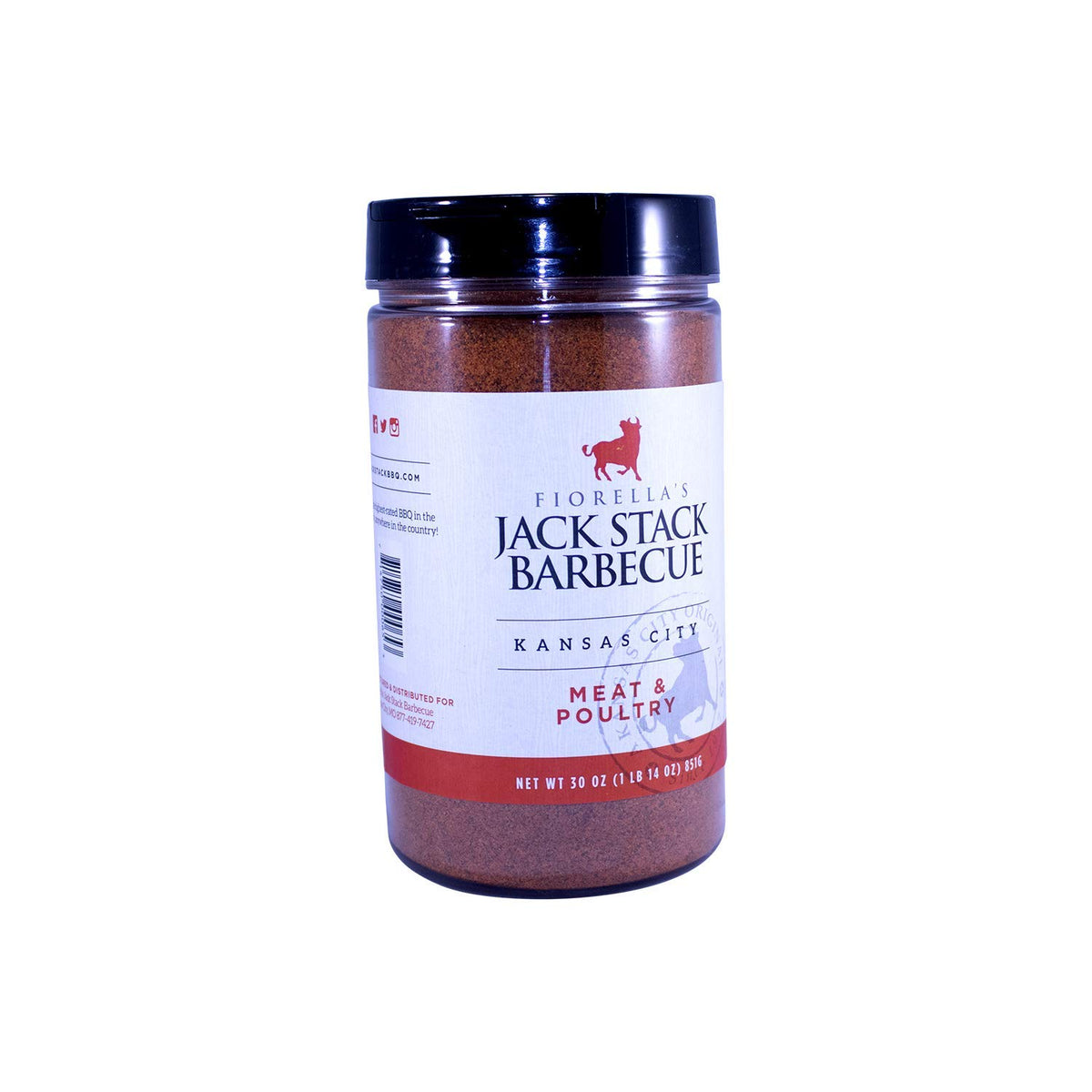 Fiorella's Jack Stack Barbecue frasco frontal del rub 30 oz mostrando etiqueta y tamaño