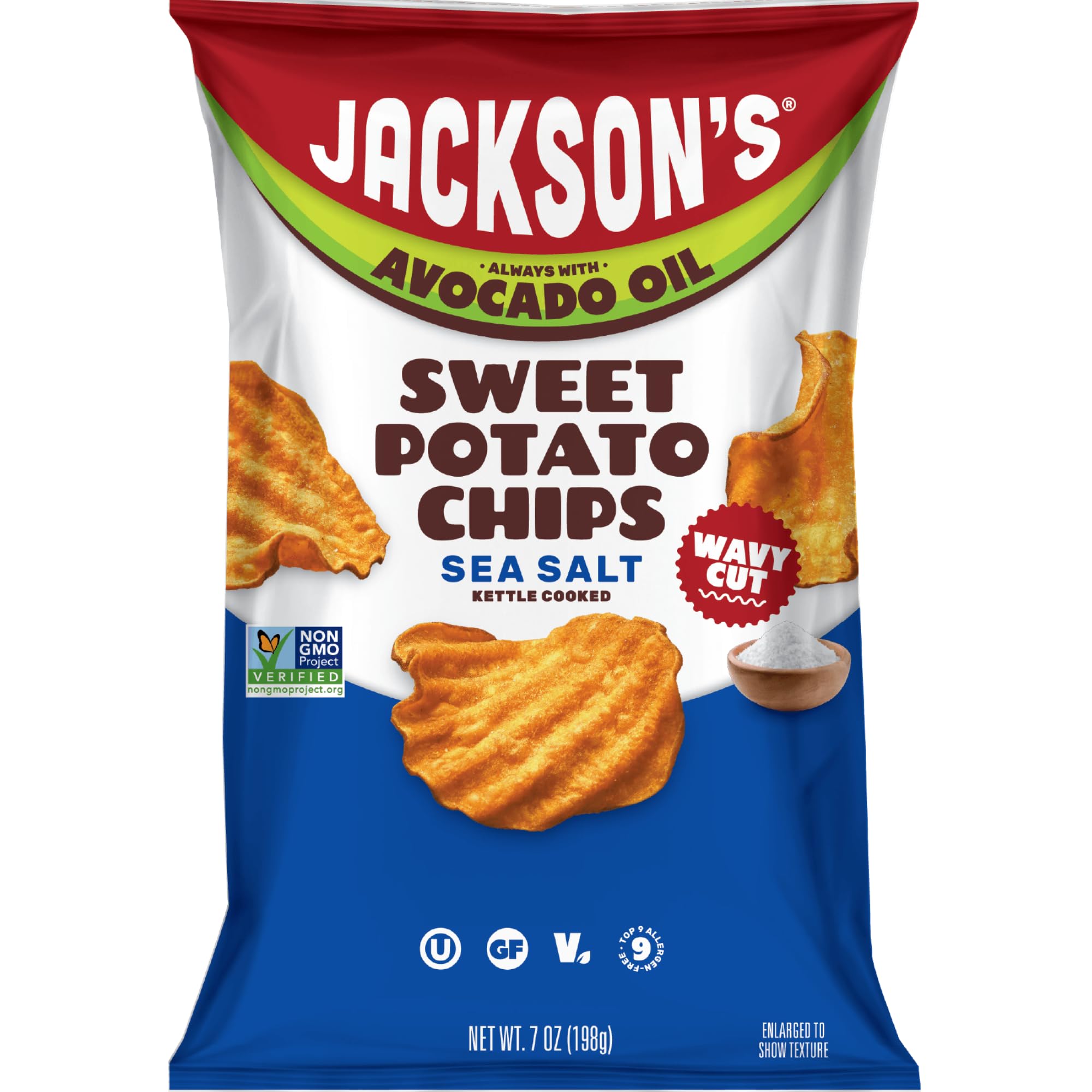 Jackson's empaque frontal mostrando chips wavy, atractivo visual y crujido