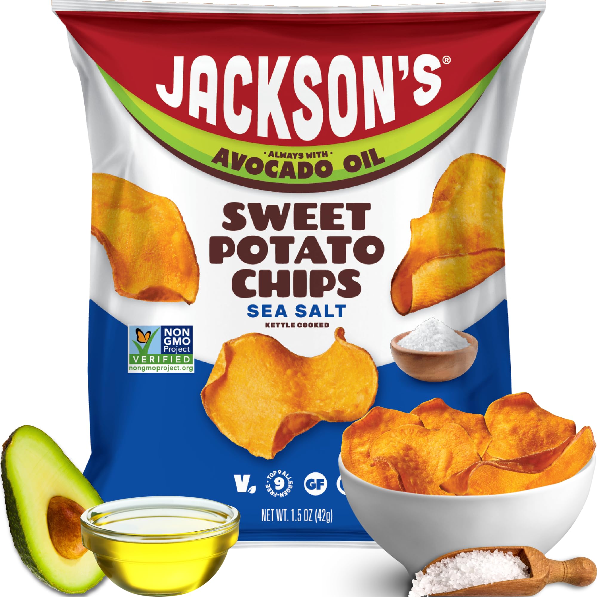 Jackson's frente del empaque mostrando la marca y beneficio de snack crujiente
