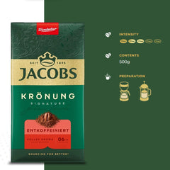 Jacobs Kronung taza servida en mesa resaltando aroma y disfrute sin cafeína