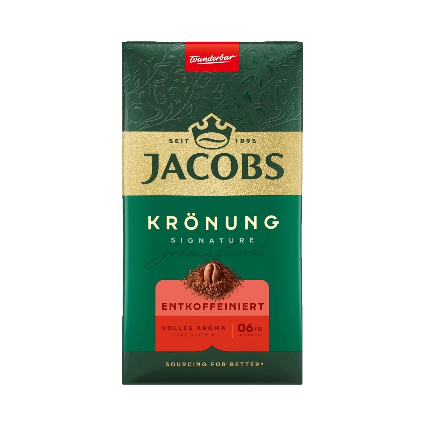 Jacobs Kronung descafeinado frente del envase mostrando diseño y peso 500 g
