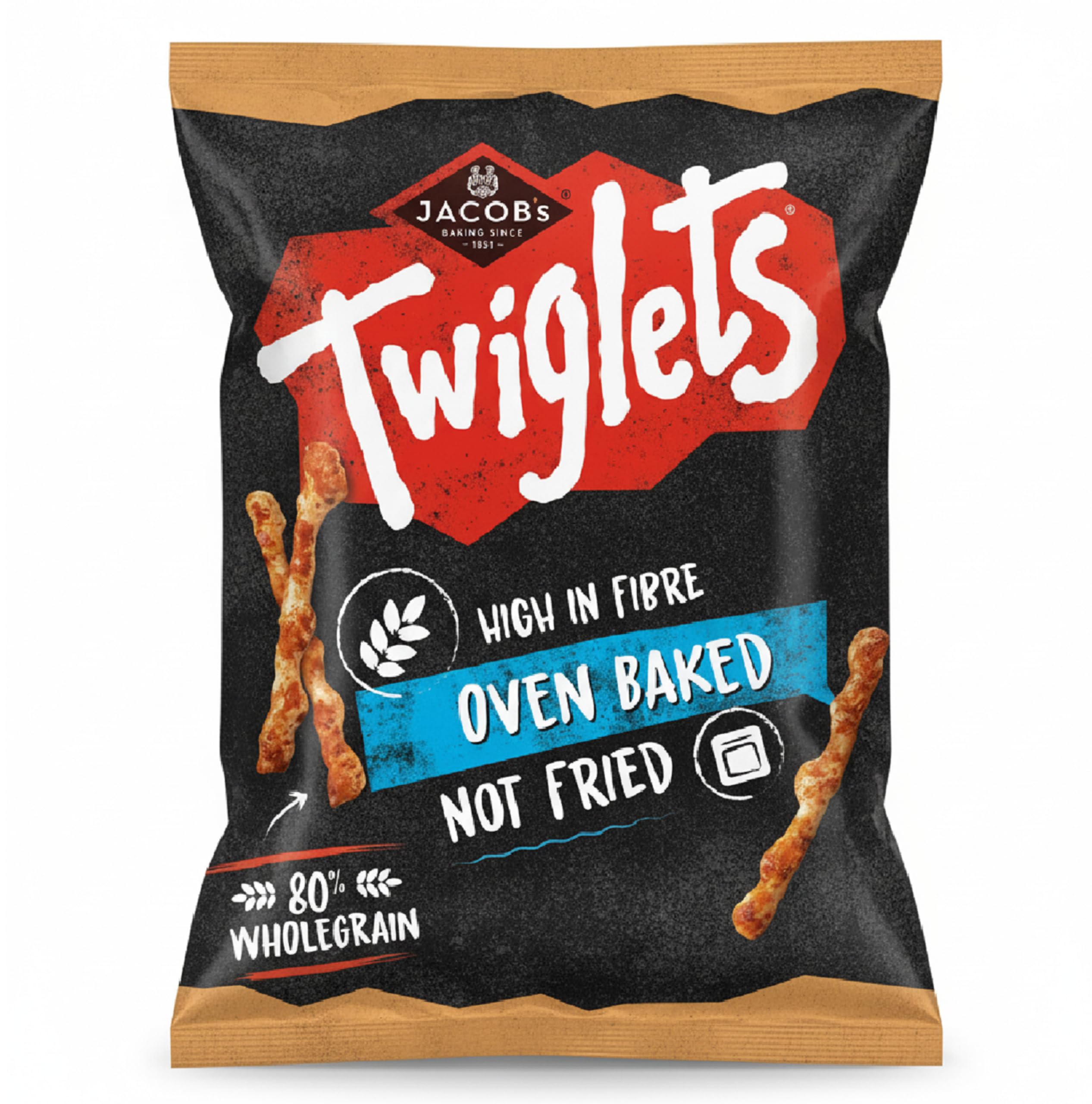 Jacobs Twiglets frente del paquete mostrando diseño y cantidad