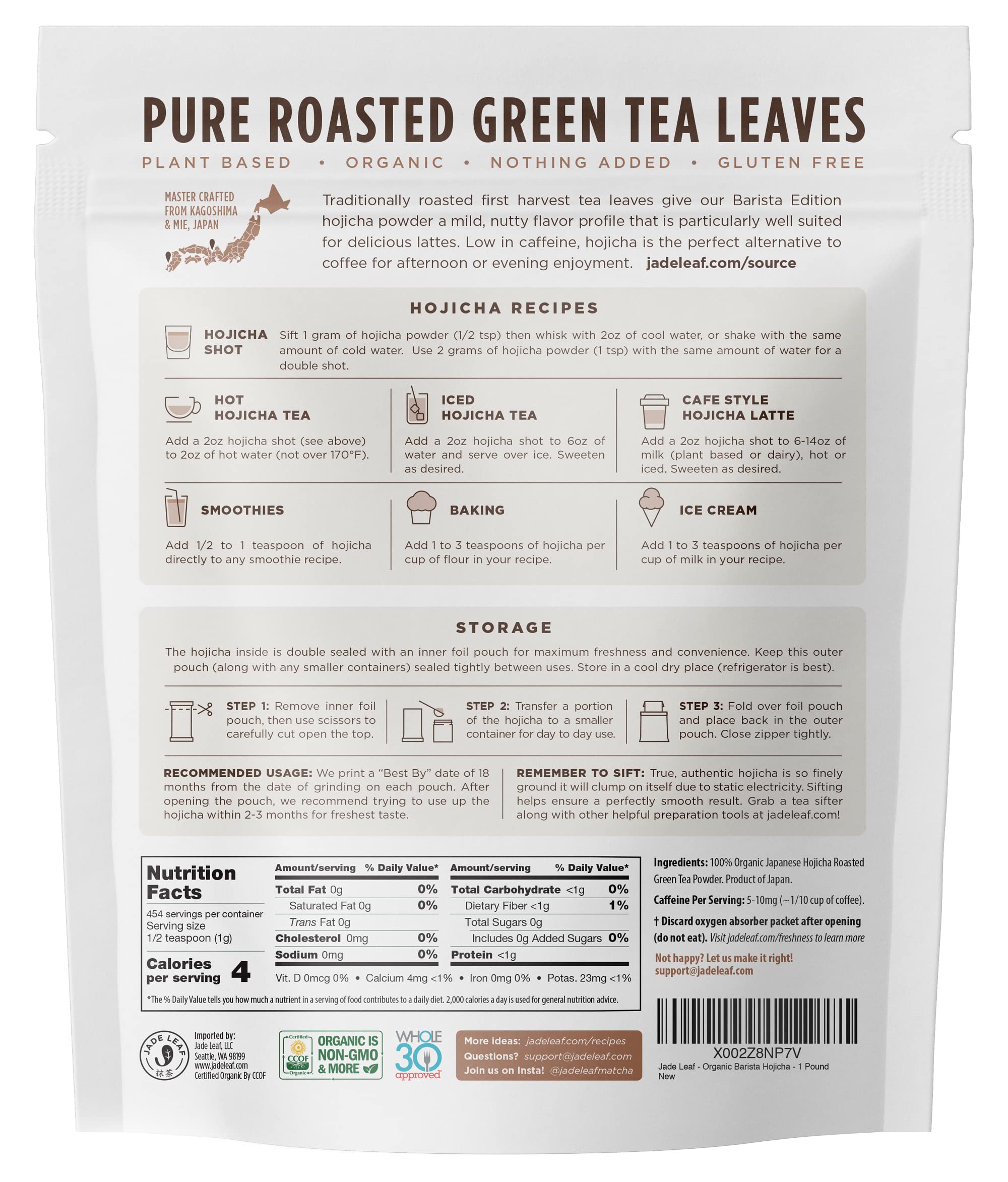 Jade Leaf hojicha latte cremoso servido, sabor suave y bajo en cafeína