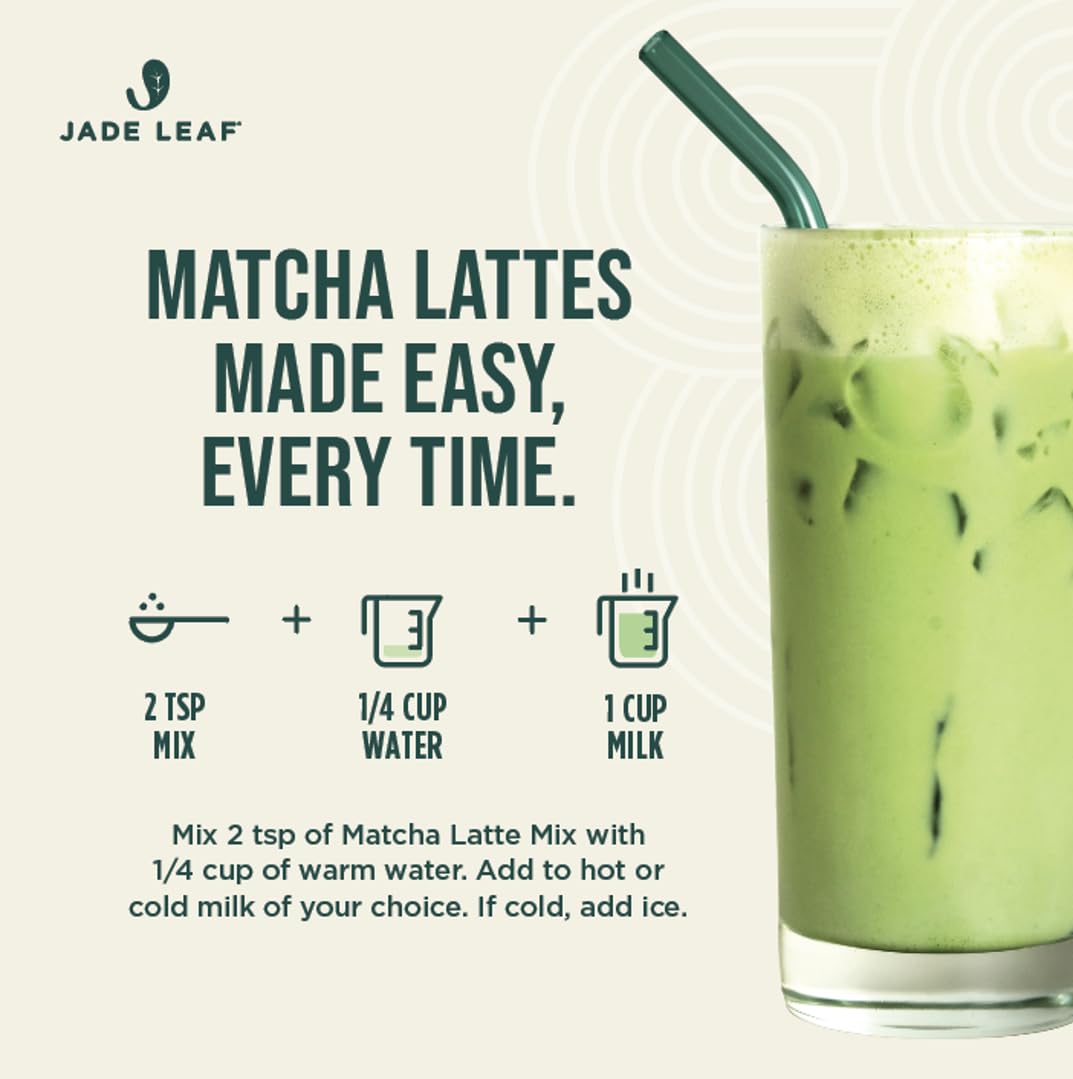 Jade Leaf Matcha comparación de porción junto a cucharita, rinde aproximadamente 100 porciones