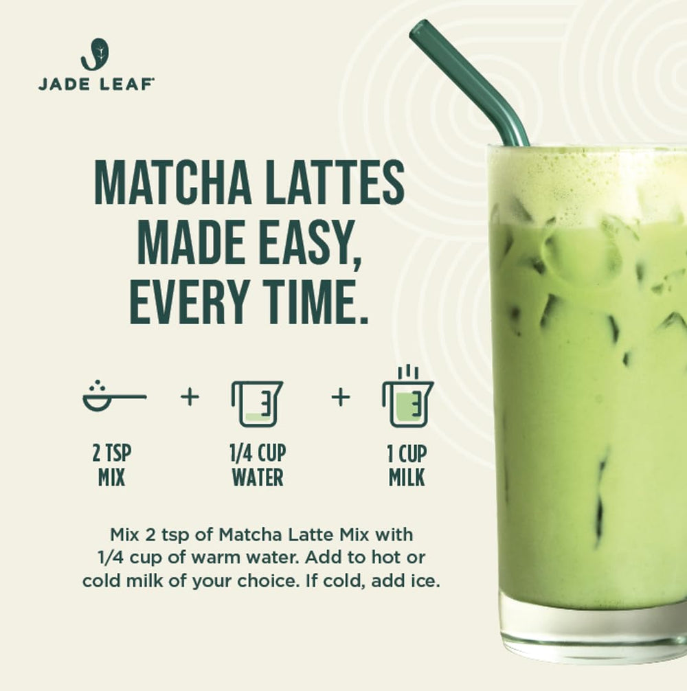 Jade Leaf Matcha comparación de porción junto a cucharita, rinde aproximadamente 100 porciones