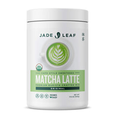 Jade Leaf Matcha tarro frontal mostrando etiqueta clara y ventaja orgánica